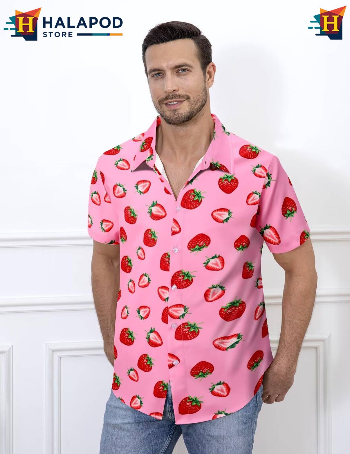 Pink Strawberry Short-sleeve button-up shirt Mens Tropical Beach Button Down Short Sleeve