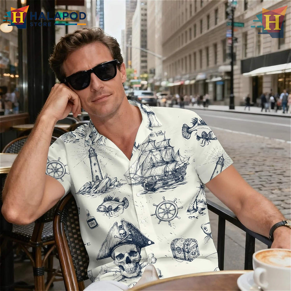 Pirate Nautical Print Hawaiian Shirt Funny Tropical Holiday Summer Mens Shirt