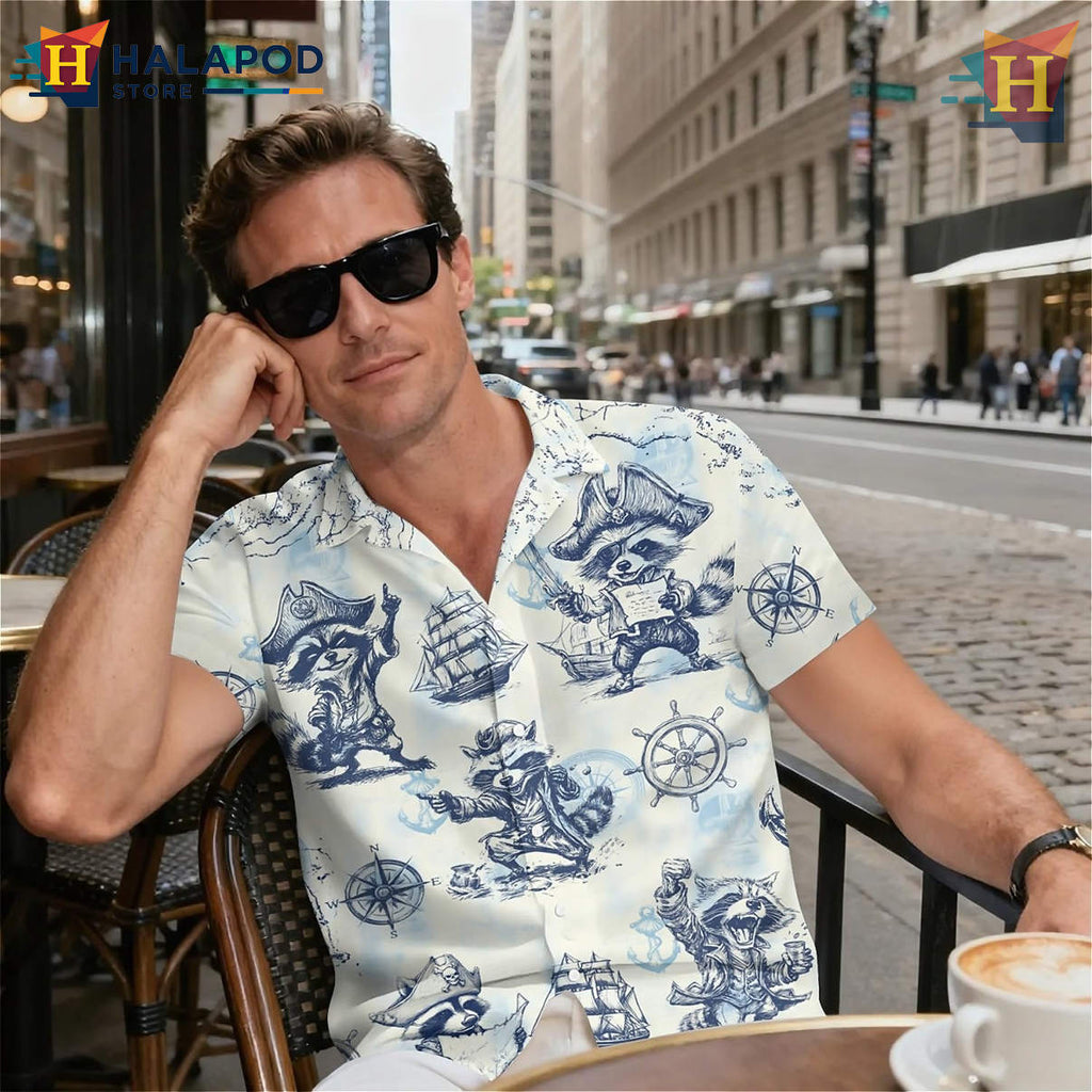 Pirate Raccoon Print Hawaiian Shirt Funny Tropical Summer Beach Graphic Shirt