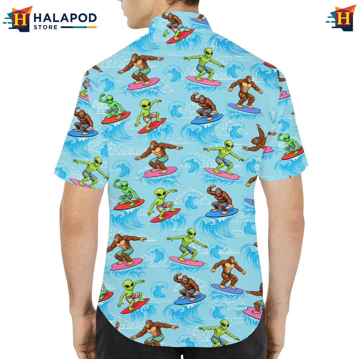 Playful Alien Short-sleeve button-up shirt, Bigfoot Surfing Design, Vibrant Summer Button Down