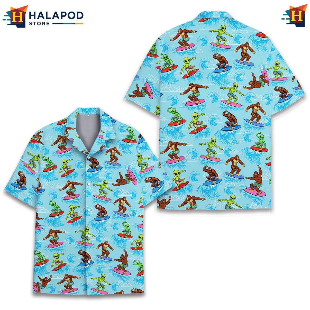 Playful Alien Aloha Shirt, Bigfoot Surfing Design, Vibrant Summer Button Down