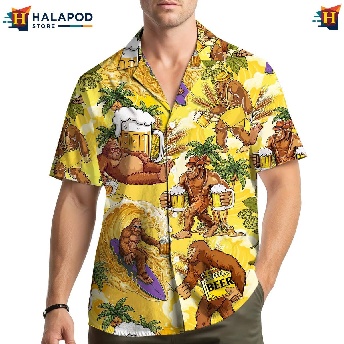 Playful Bigfoot Aloha Shirt, Yellow Beer Graphic Summer Button Down For Men