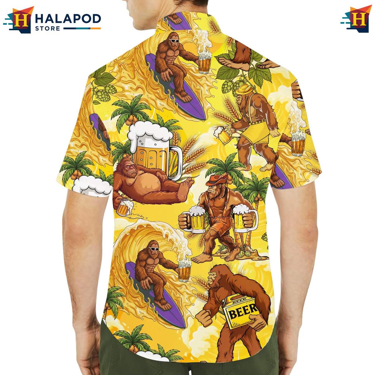 Playful Bigfoot Aloha Tee Shirt, Yellow Beer Graphic Summer Button Down For Men