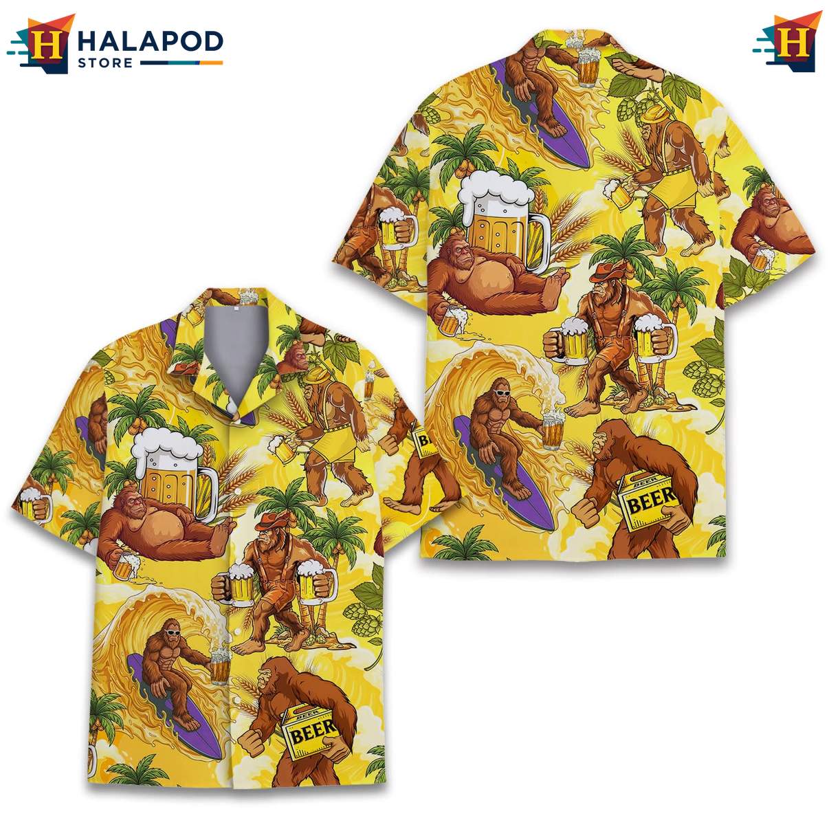 Playful Bigfoot Aloha T-Shirt, Yellow Beer Graphic Summer Button Down For Men