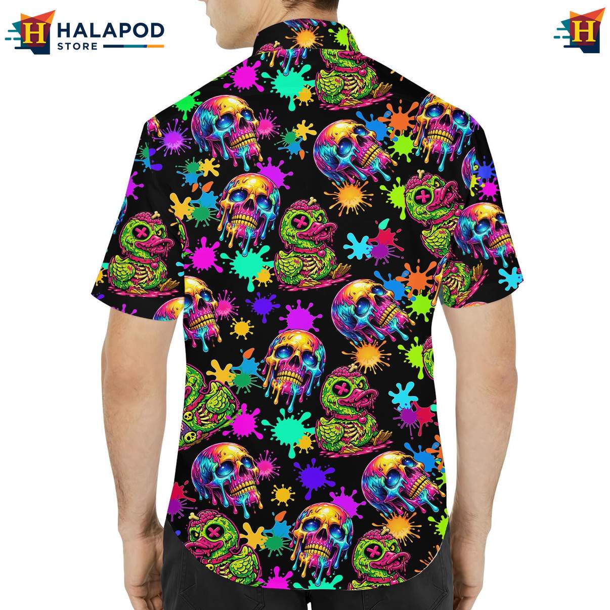 Playful Black Skulled Duck Aloha Tee Shirt, Vibrant Summer Button Down For Beach Parties