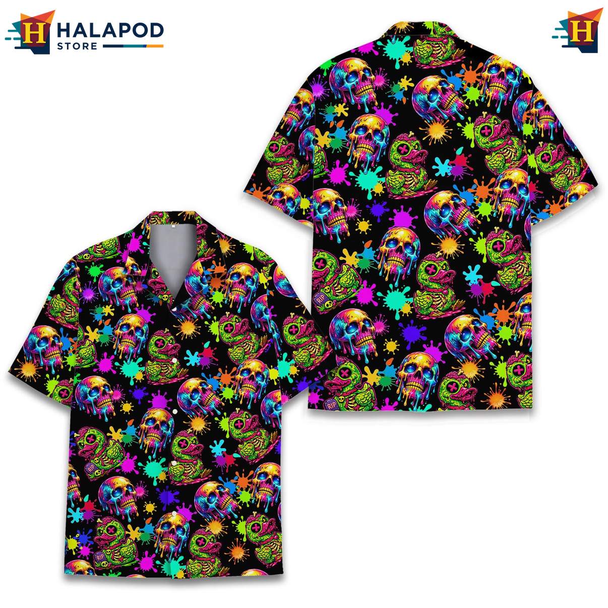 Playful Black Skulled Duck Aloha TShirt, Vibrant Summer Button Down For Beach Parties