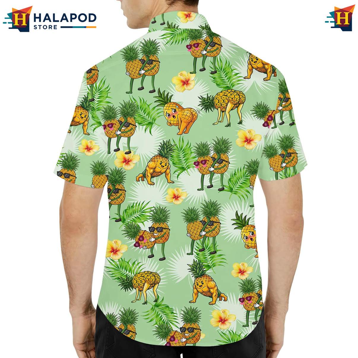 Playful Cat Aloha Tee Shirt, Green Summer Shirt With Pineapples And Tropical Vibes