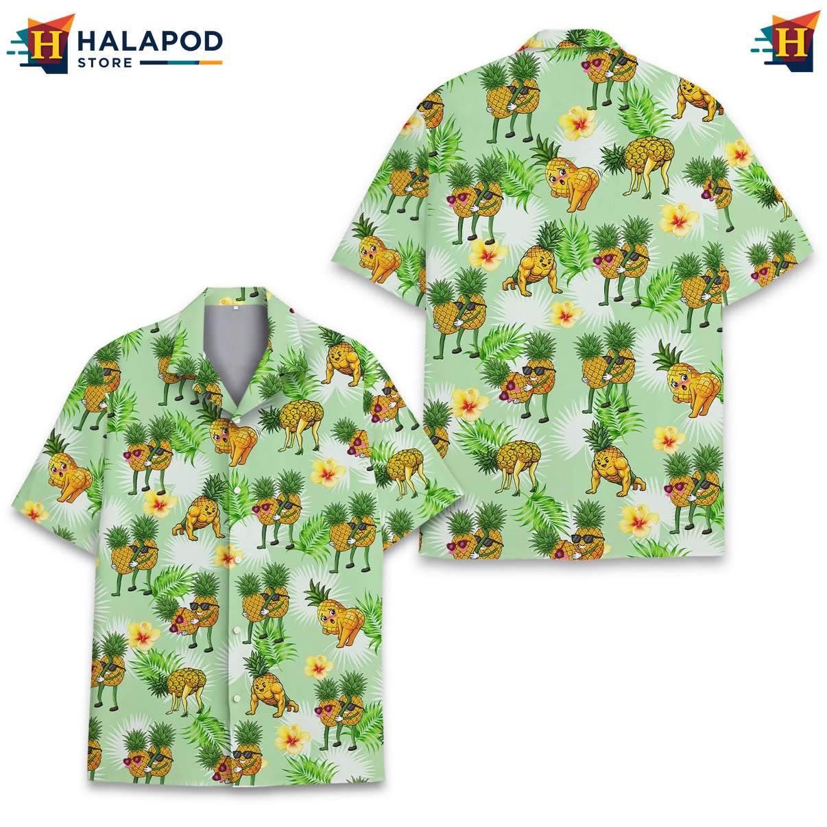 Playful Cat Aloha T-Shirt, Green Summer Shirt With Pineapples And Tropical Vibes