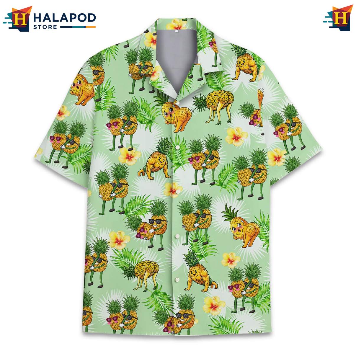 Playful Cat Aloha TShirt, Green Summer Shirt With Pineapples And Tropical Vibes