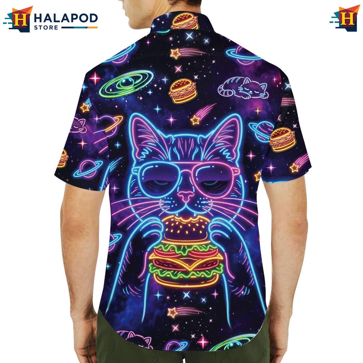 Playful Cosmic Cat Short-sleeve button-up shirt, Cute Cat Summer Button Down For Men