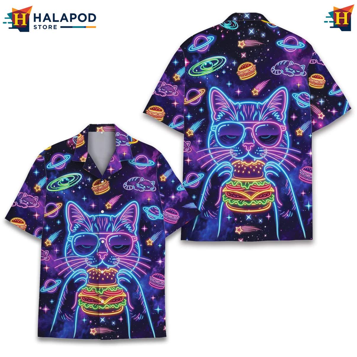 Playful Cosmic Cat Tropical Shirt, Cute Cat Summer Button Down For Men