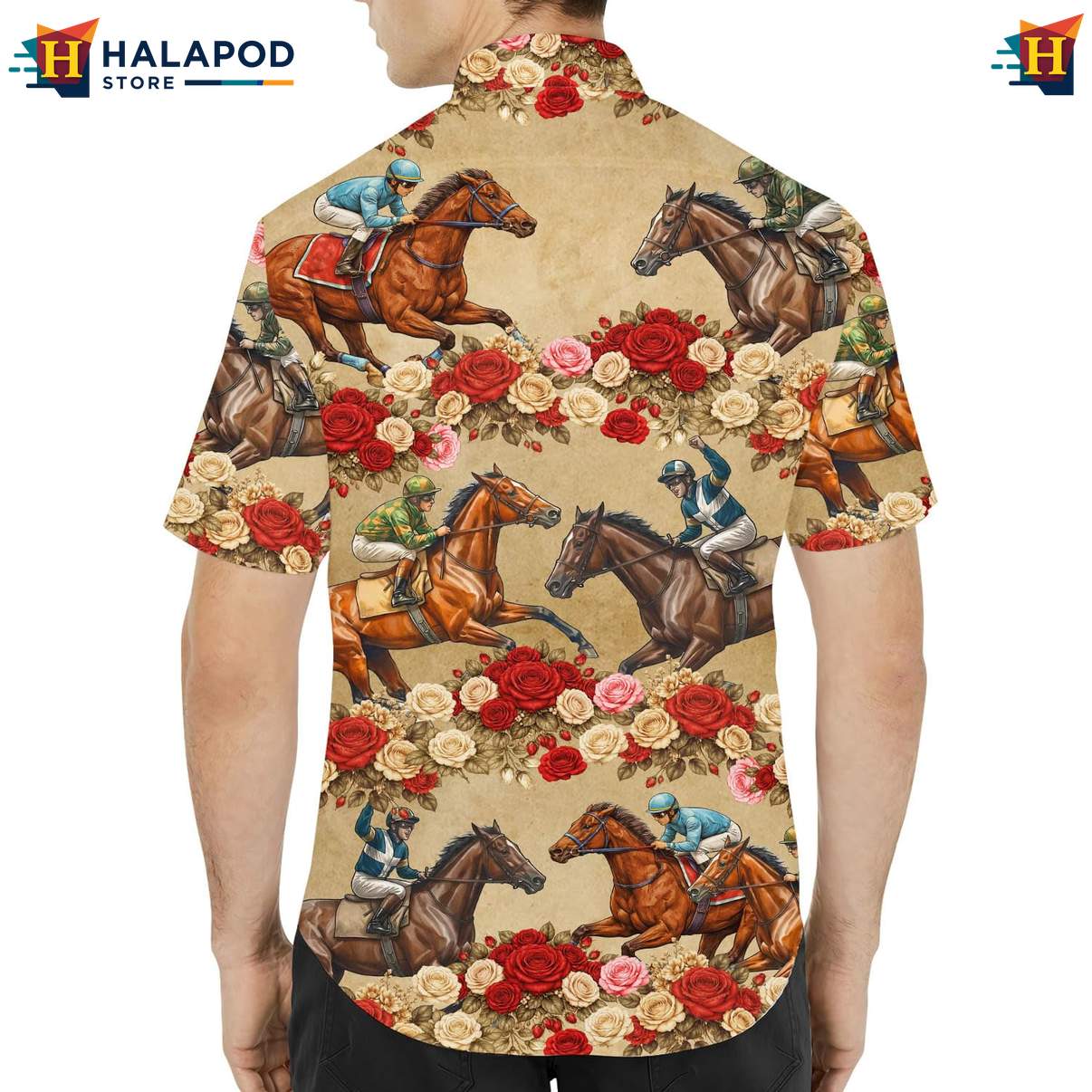 Playful Horse Short-sleeve button-up shirt, Tan With Vibrant Roses, Summer Beach Button Down