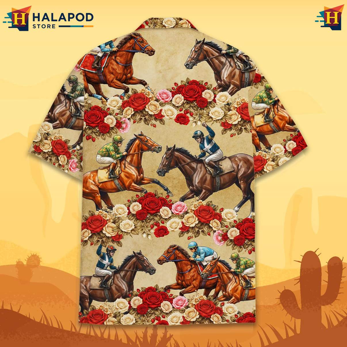 Playful Horse Tropical Shirt, Tan With Vibrant Roses, Summer Beach Button Down