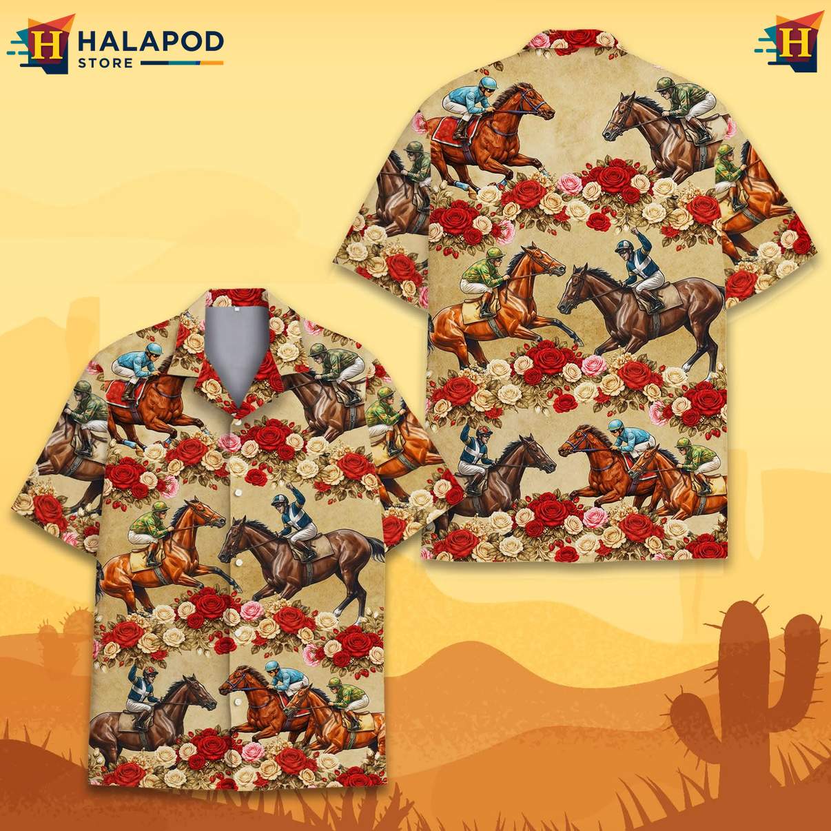 Playful Horse Aloha Shirt, Tan With Vibrant Roses, Summer Beach Button Down