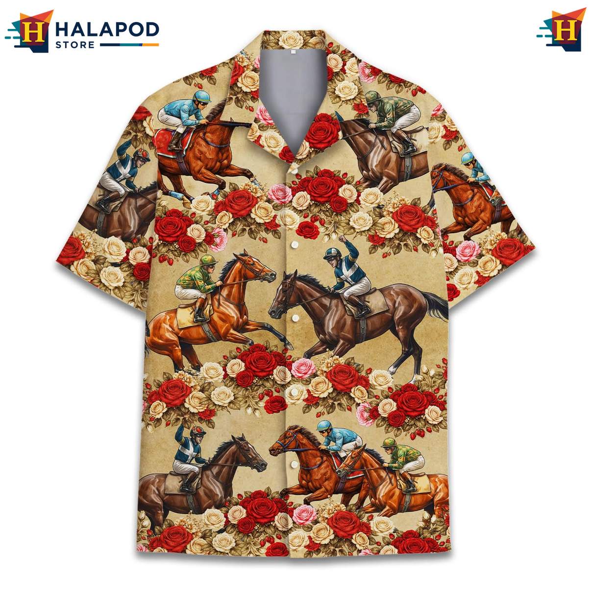 Playful Horse Short-sleeve button-up shirt, Tan With Vibrant Roses, Summer Beach Button Down