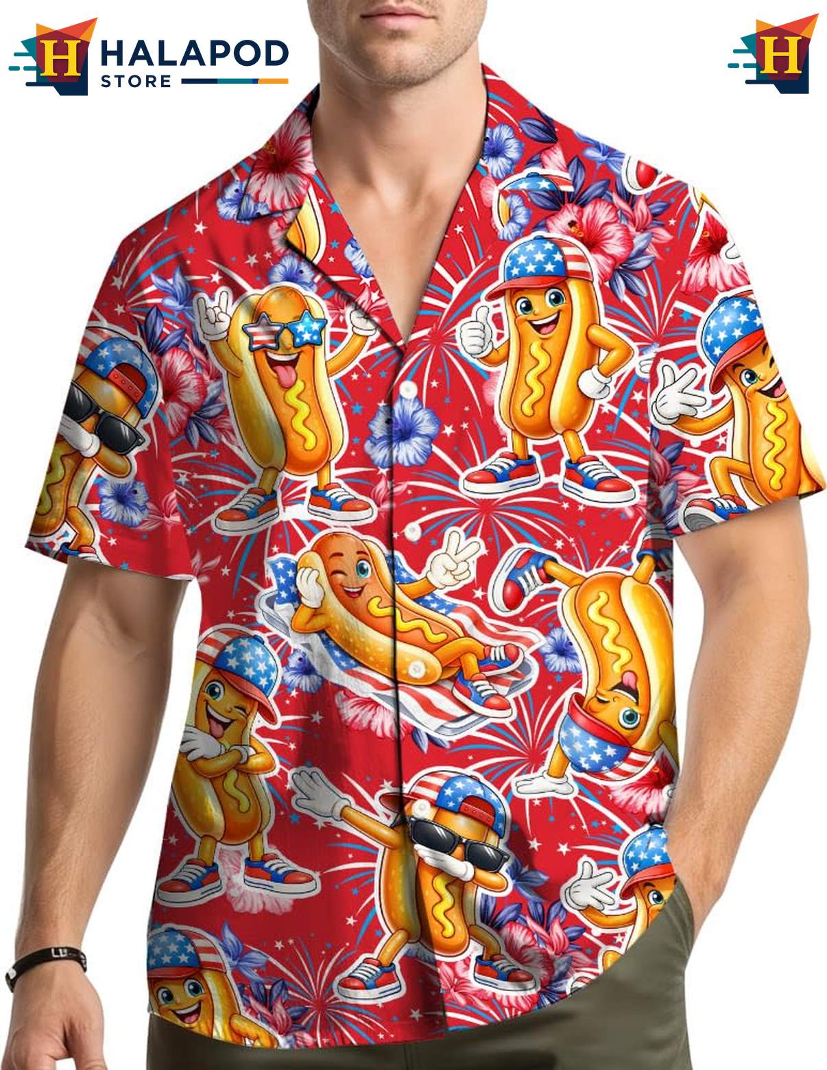 Playful Hot Dog Aloha Shirt, Vibrant Red Summer Shirt With Cartoon Hot Dogs