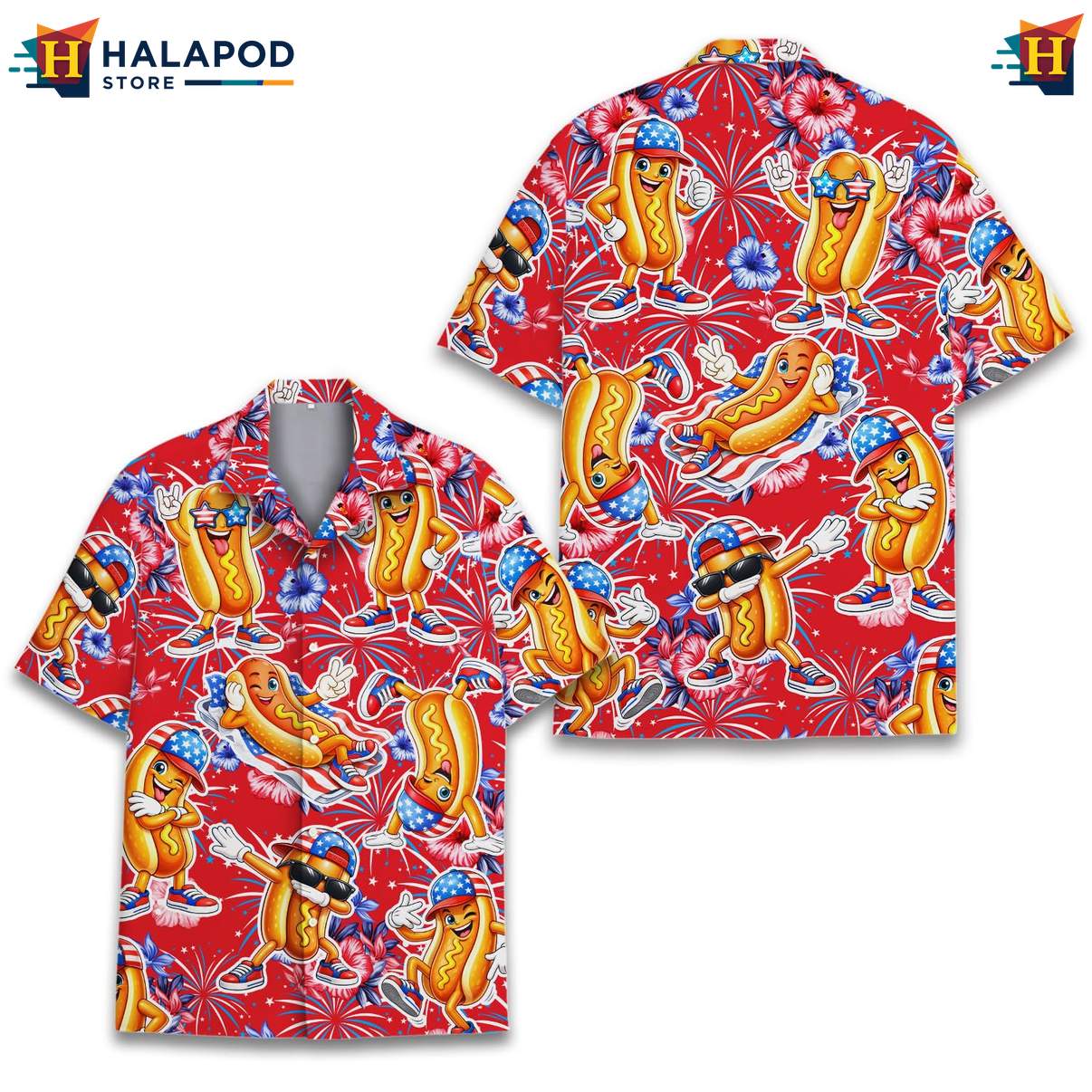 Playful Hot Dog Aloha Tee Shirt, Vibrant Red Summer Shirt With Cartoon Hot Dogs