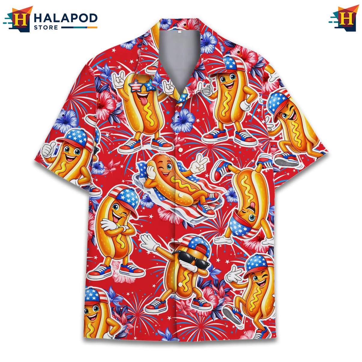 Playful Hot Dog Aloha T-Shirt, Vibrant Red Summer Shirt With Cartoon Hot Dogs