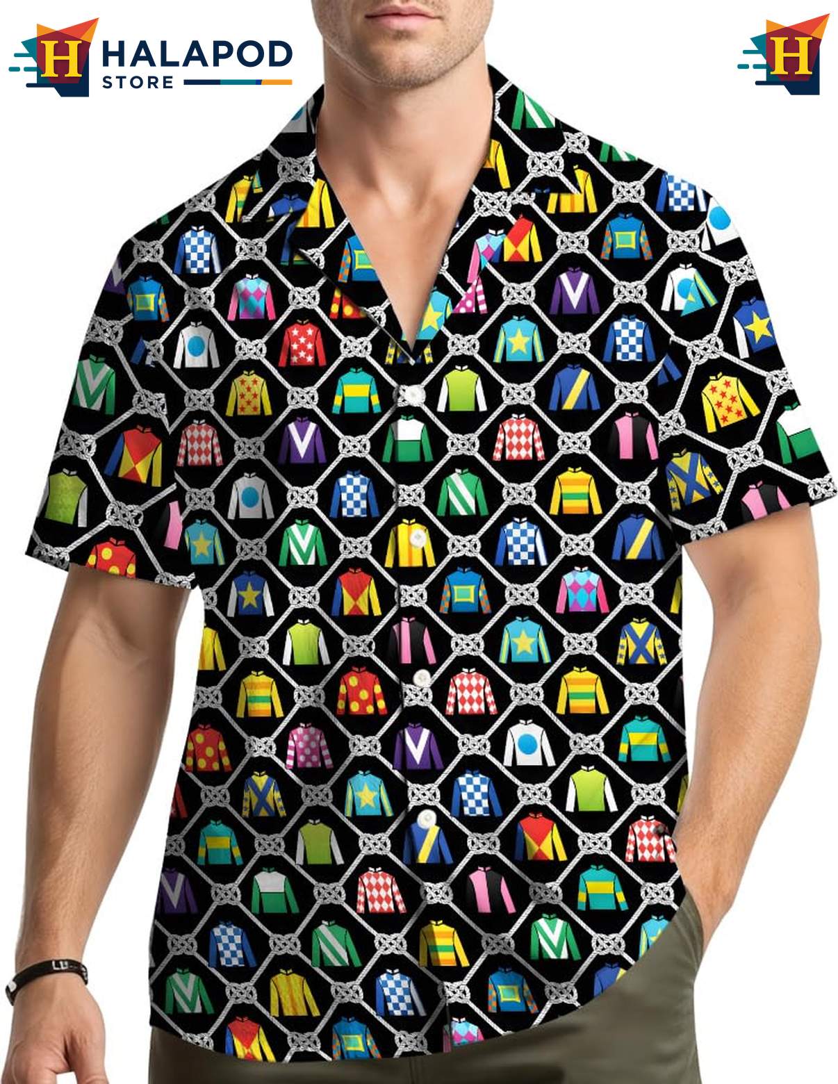 Playful Jockey Silks Hawaiian Shirt, Vibrant Color Summer Button Down For Men