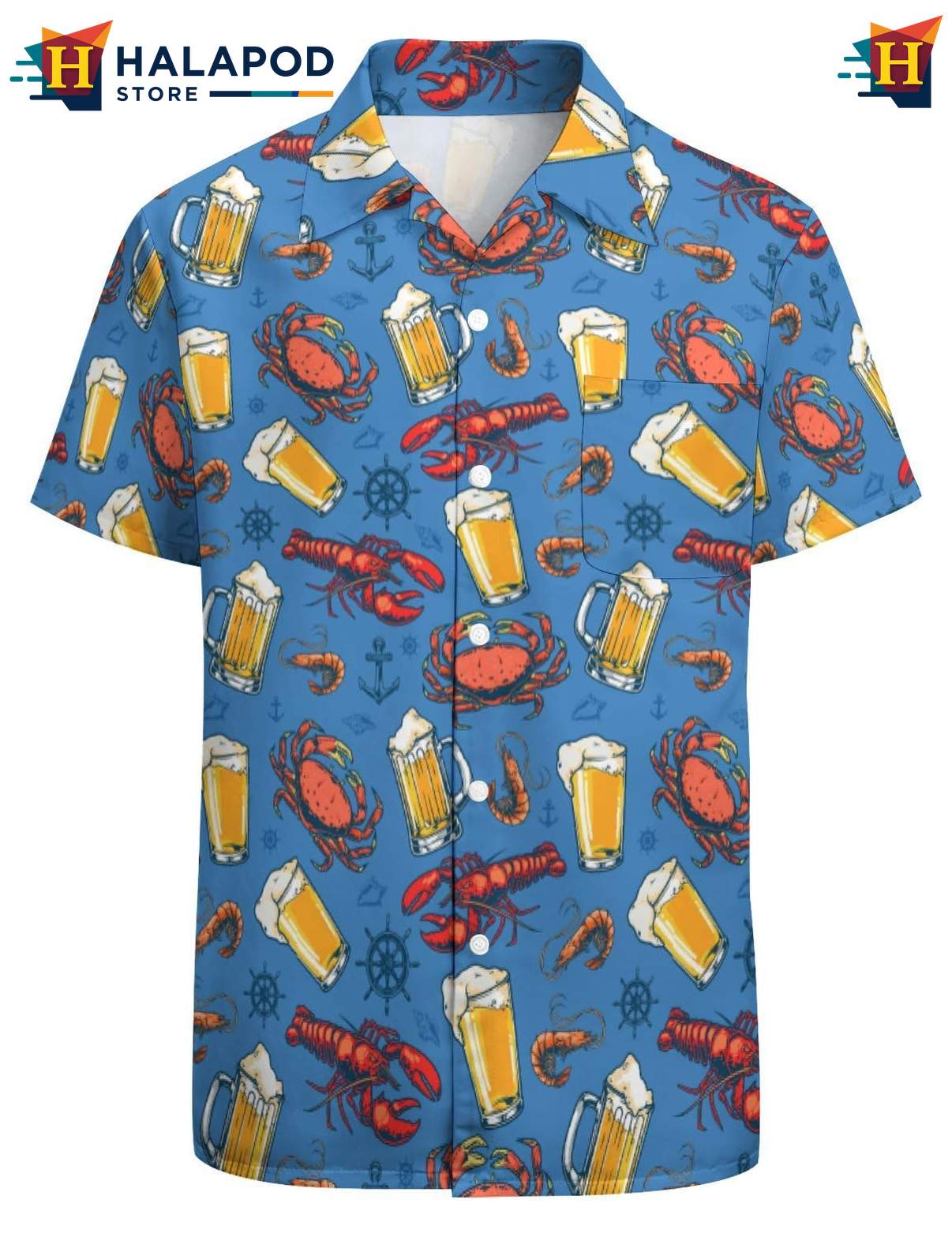 Playful Lobster Hawaiian Shirt, Vibrant Blue With Crabs And Beer Mugs