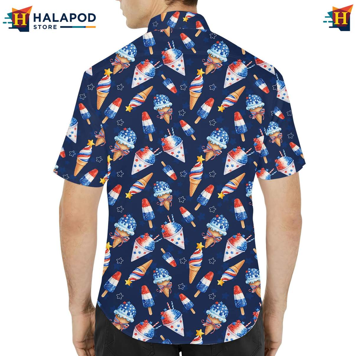 Playful Patriotic Aloha Tee Shirt, Navy Blue 4th Of July Button Down Shirt For Men
