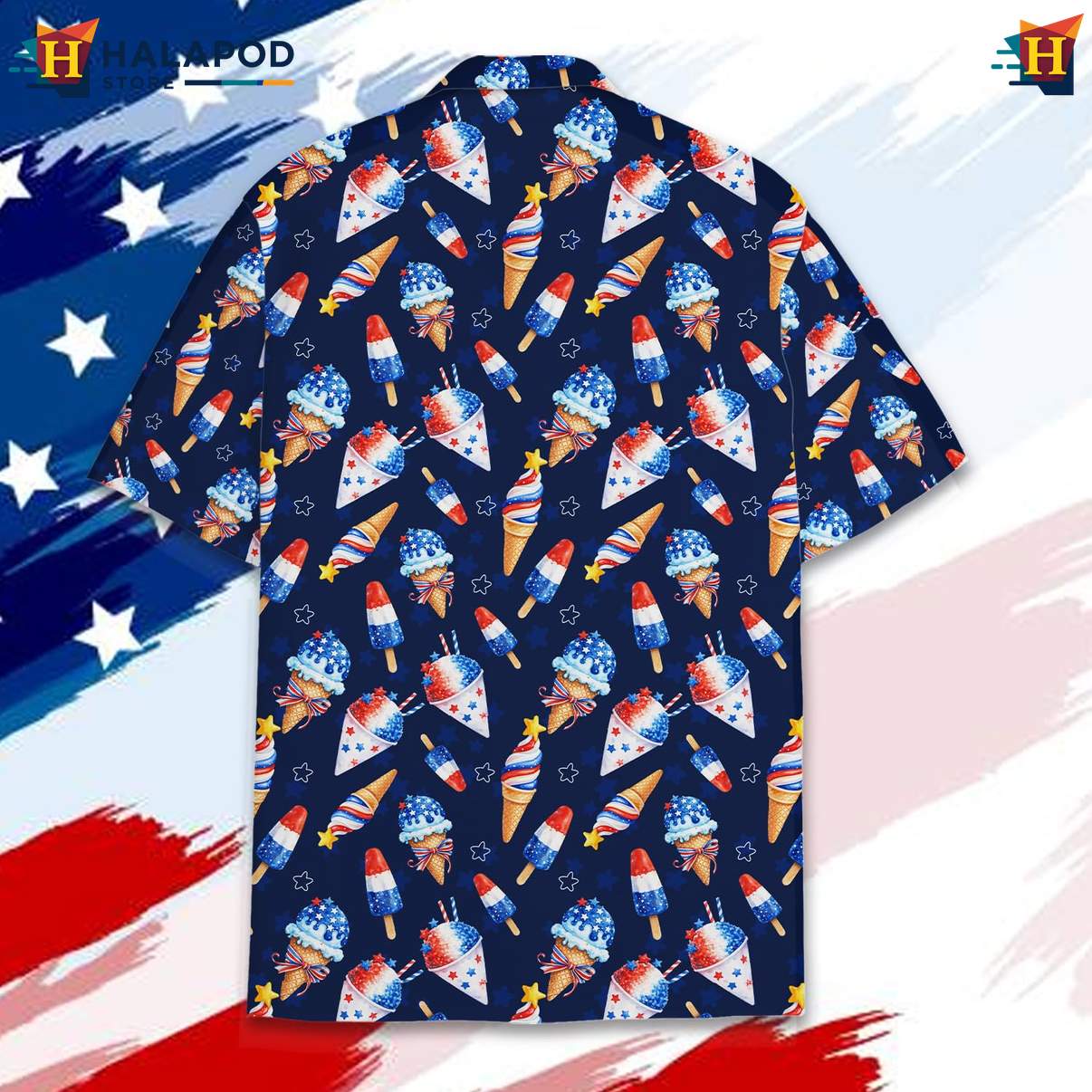 Playful Patriotic Aloha T-Shirt, Navy Blue 4th Of July Button Down Shirt For Men