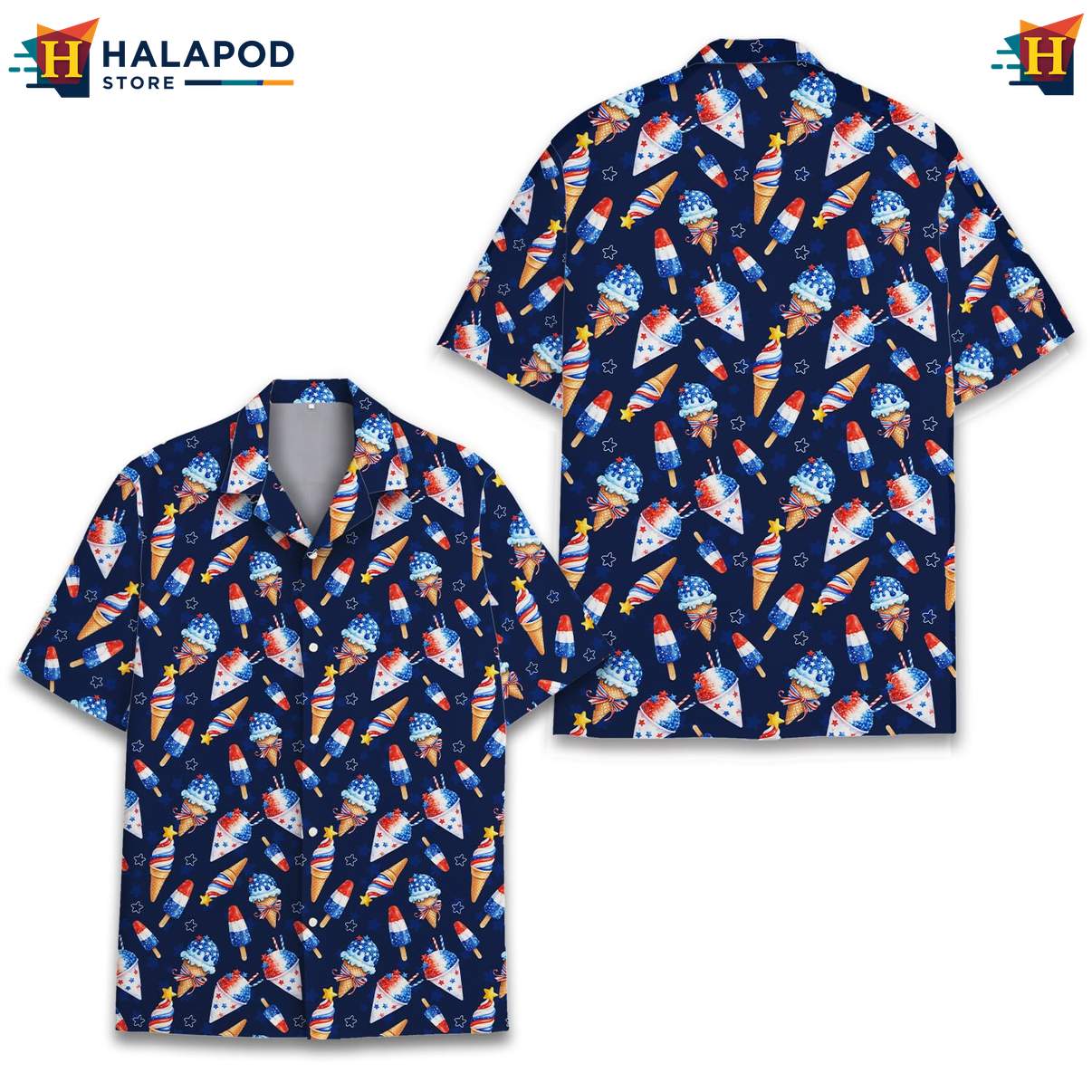 Playful Patriotic Aloha TShirt, Navy Blue 4th Of July Button Down Shirt For Men
