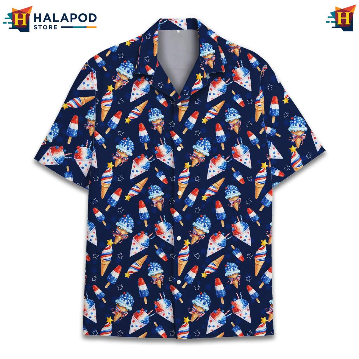 Playful Patriotic Aloha Tee, Navy Blue 4th Of July Button Down Shirt For Men