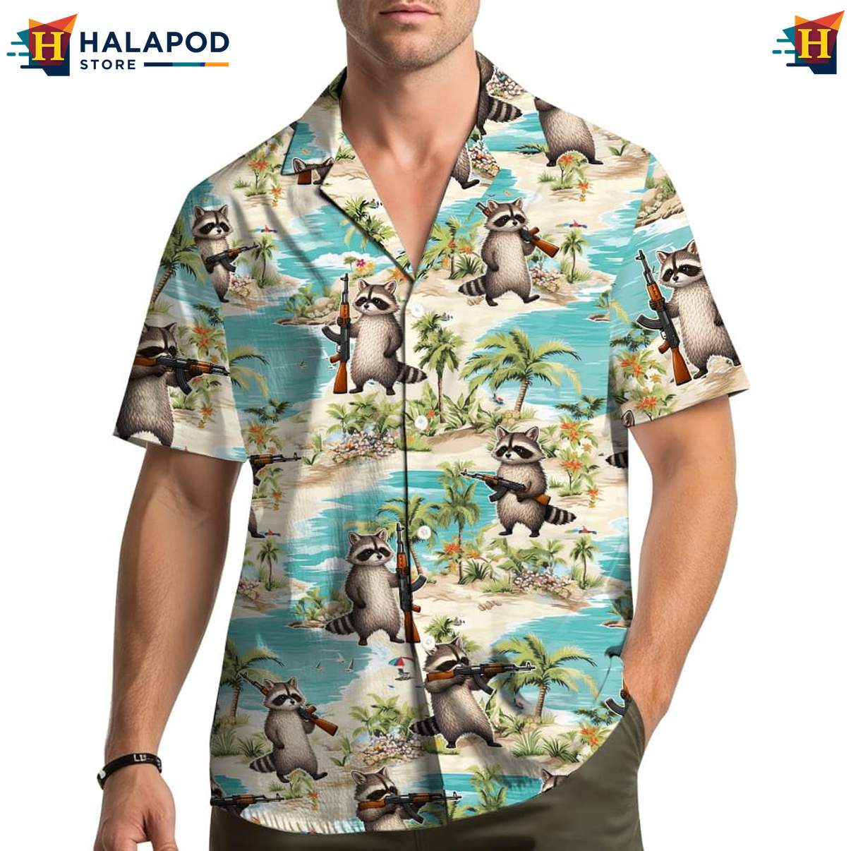 Playful Raccoon Hawaiian Shirt, Light Blue Tropical Summer Button Down For Men
