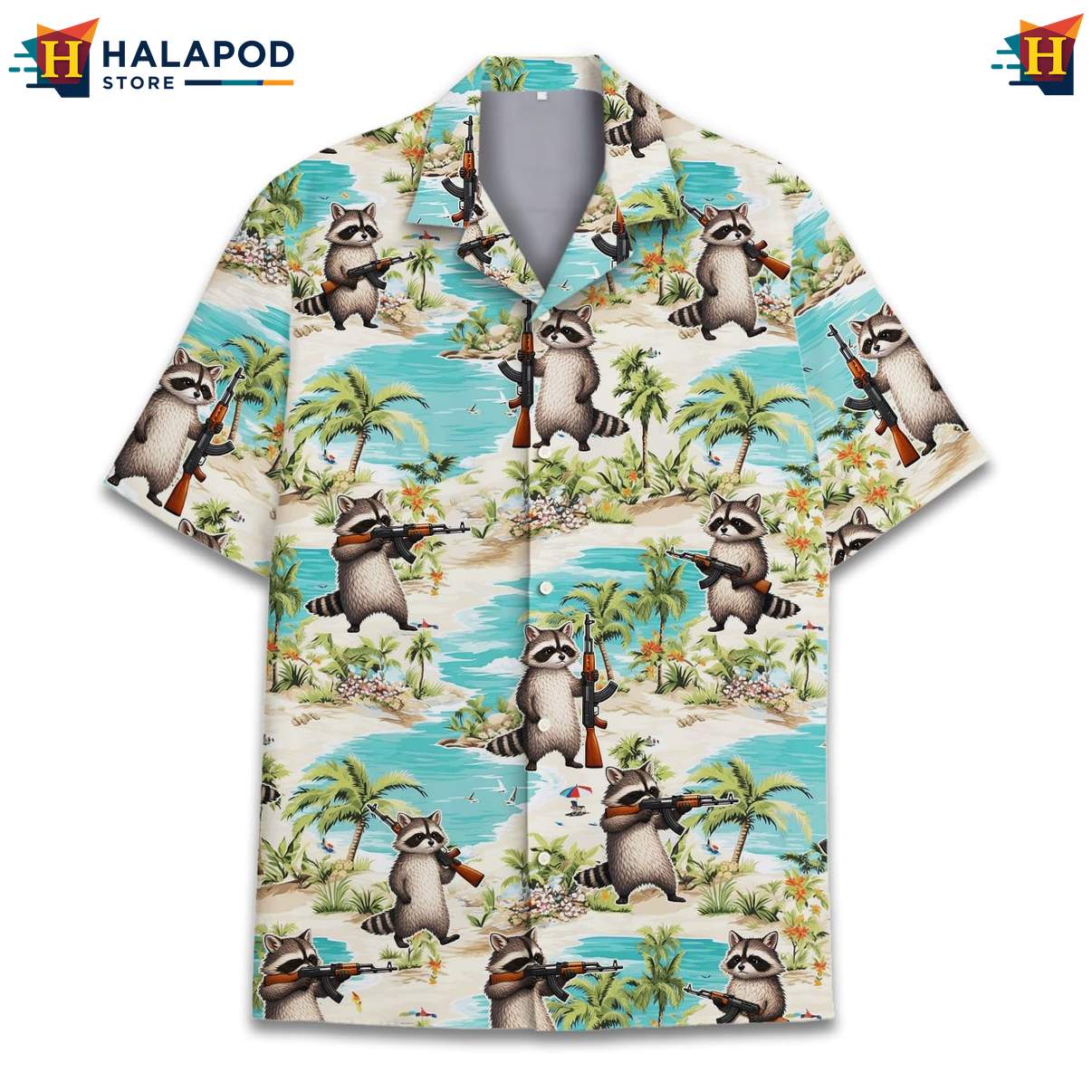Playful Raccoon Tropical Shirt, Light Blue Tropical Summer Button Down For Men