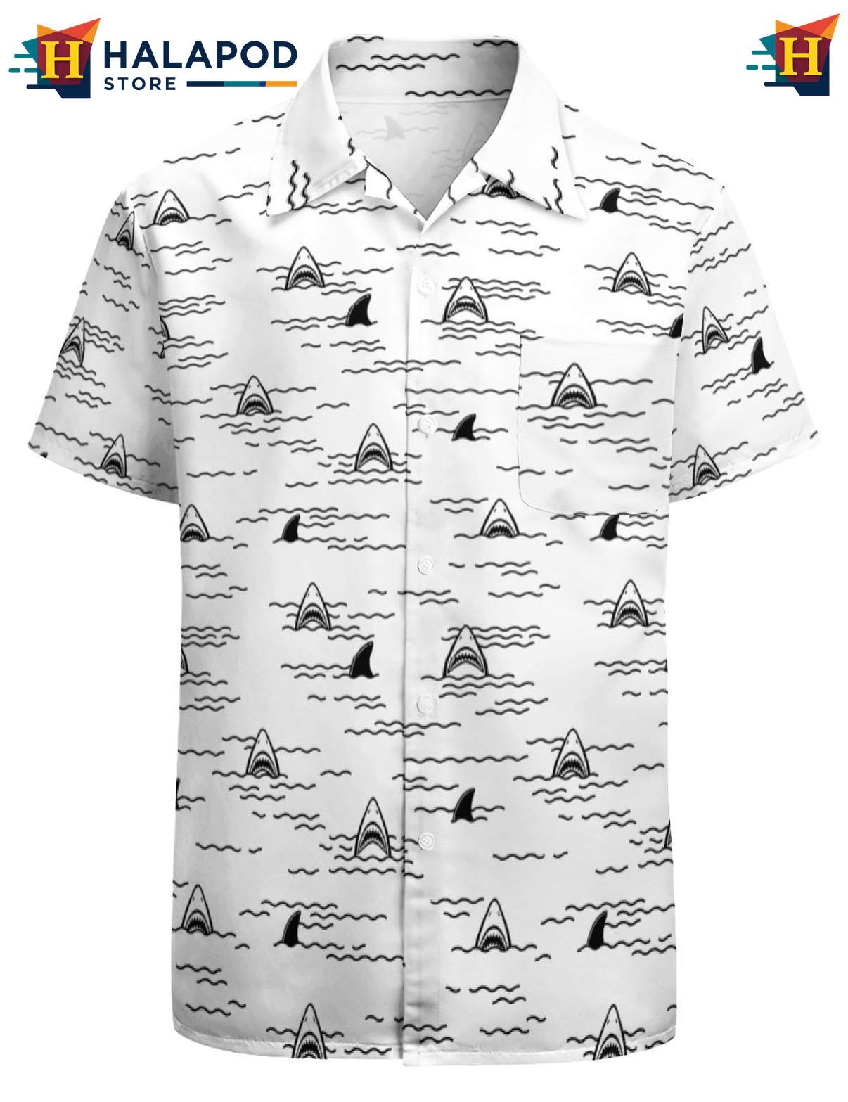 Playful Shark Hawaiian Shirt, Mens Button Up Tropical Shirt With Cartoon Sharks