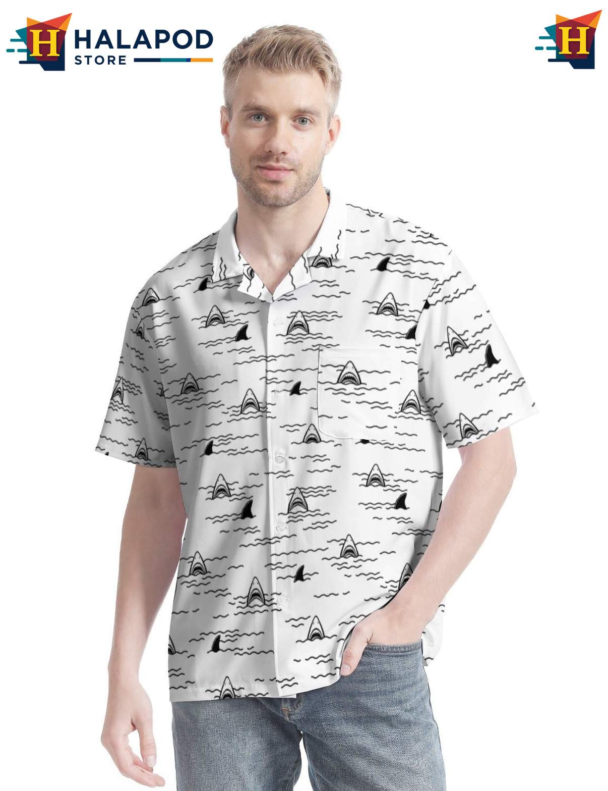 Playful Shark Short-sleeve button-up shirt, Mens Button Up Tropical Shirt With Cartoon Sharks