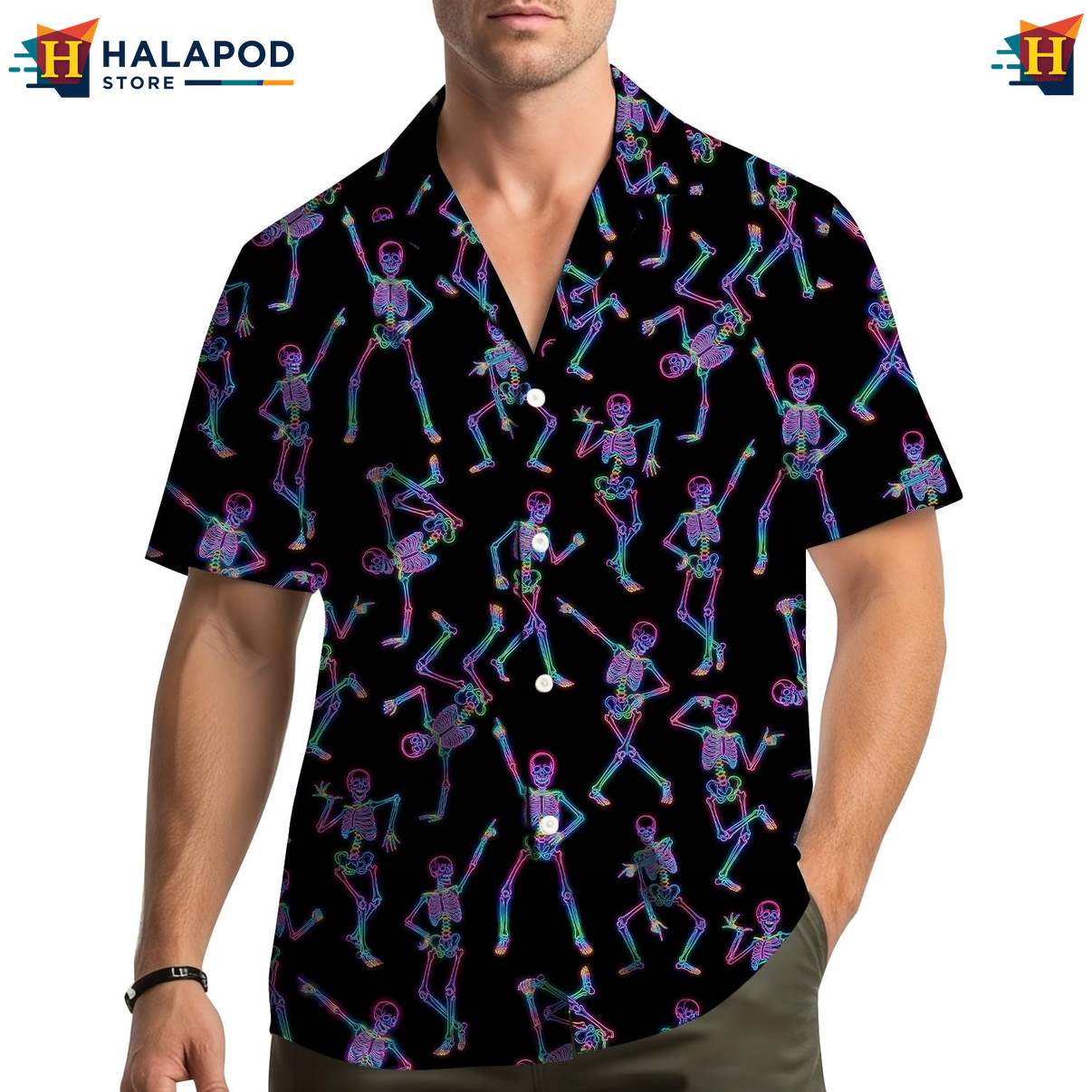 Playful Skeleton Cat Hawaiian Shirt, Vibrant Neon Summer Button Down For Men