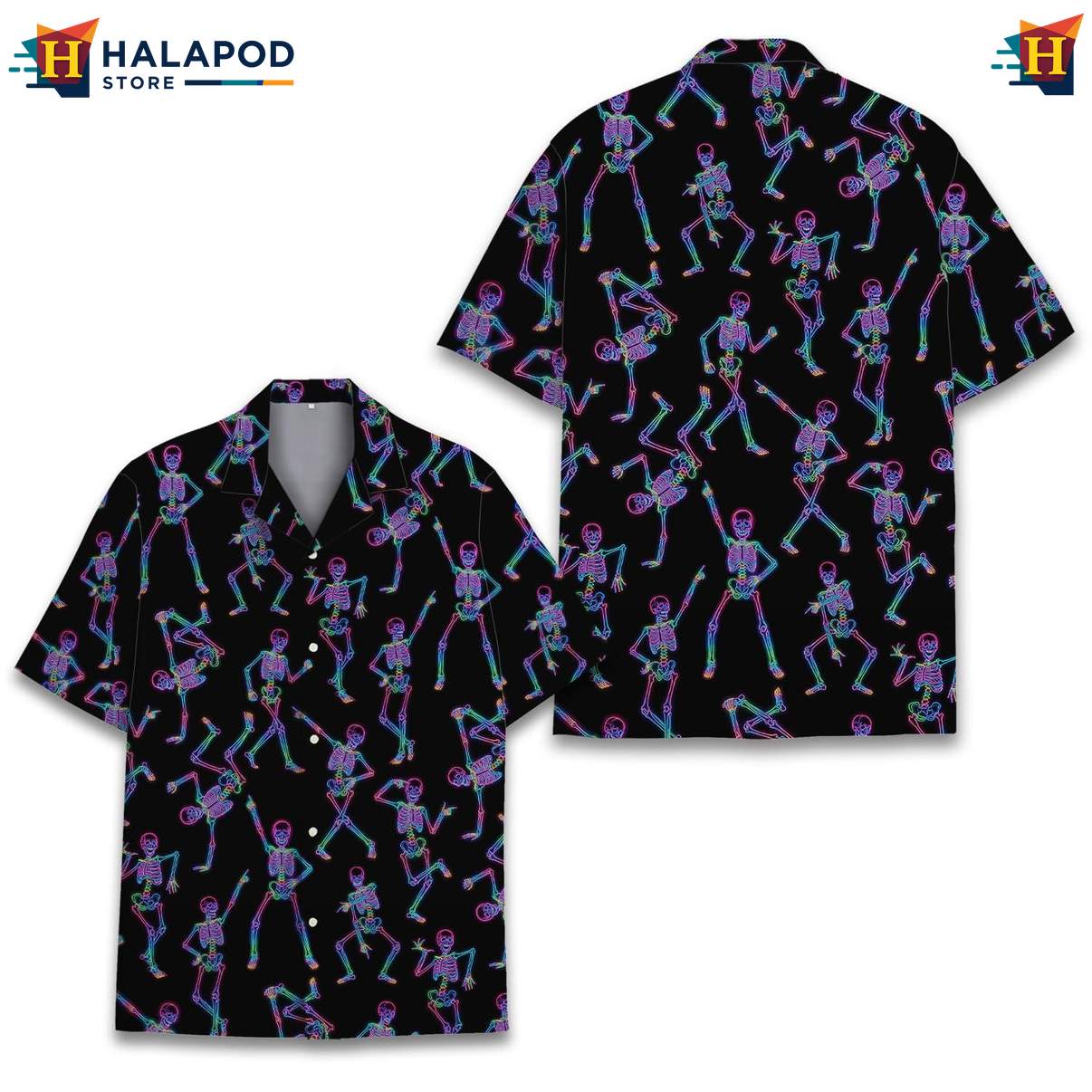 Playful Skeleton Cat Short-sleeve button-up shirt, Vibrant Neon Summer Button Down For Men