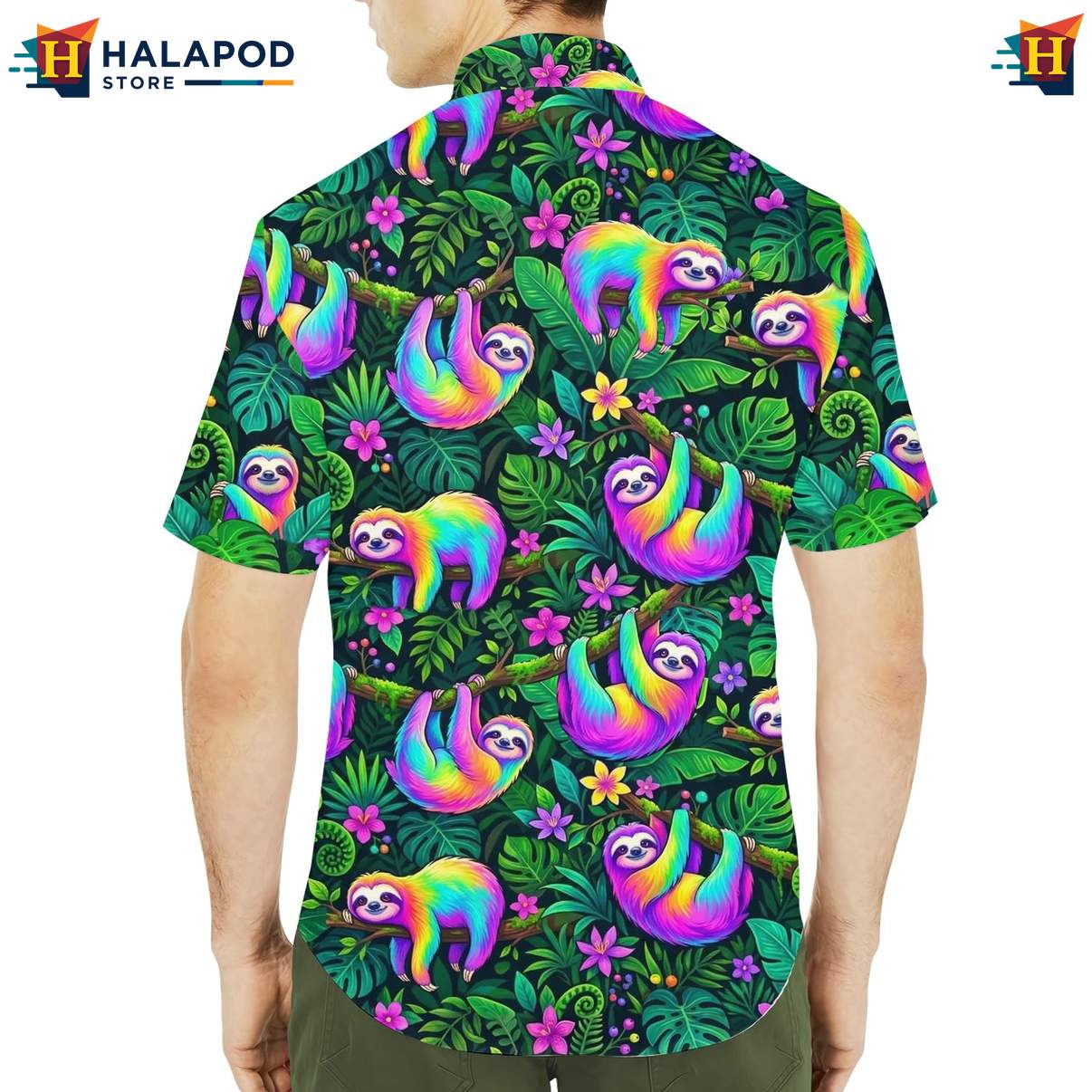 Playful Sloth Short-sleeve button-up shirt, Multicolor Tropical Design For Summer Beach Fun