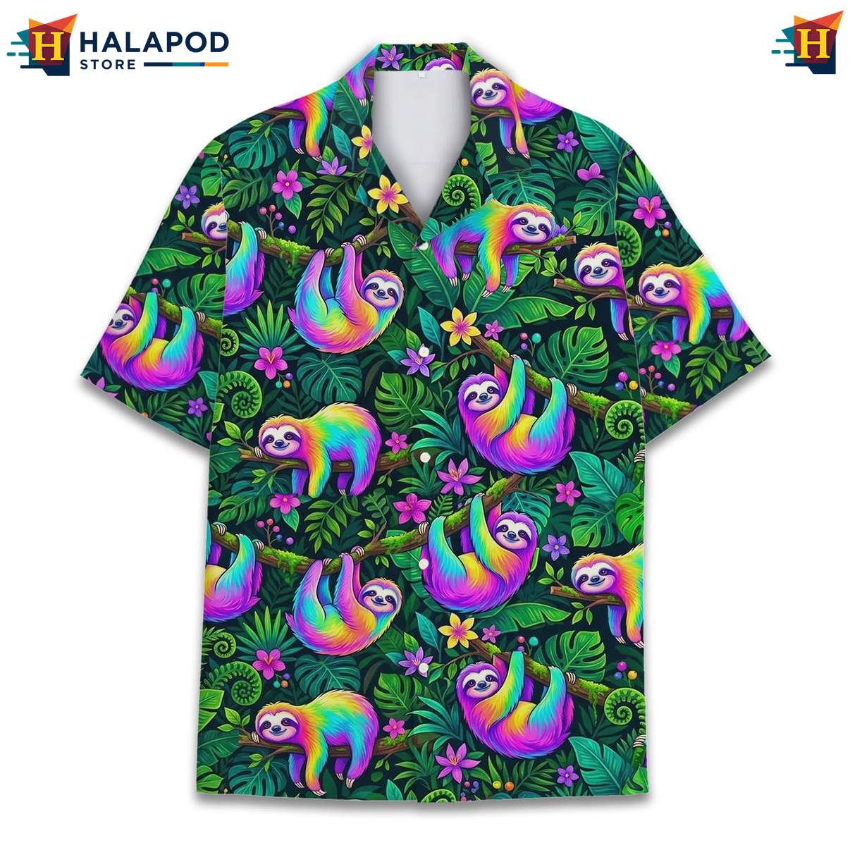 Playful Sloth Aloha Shirt, Multicolor Tropical Design For Summer Beach Fun