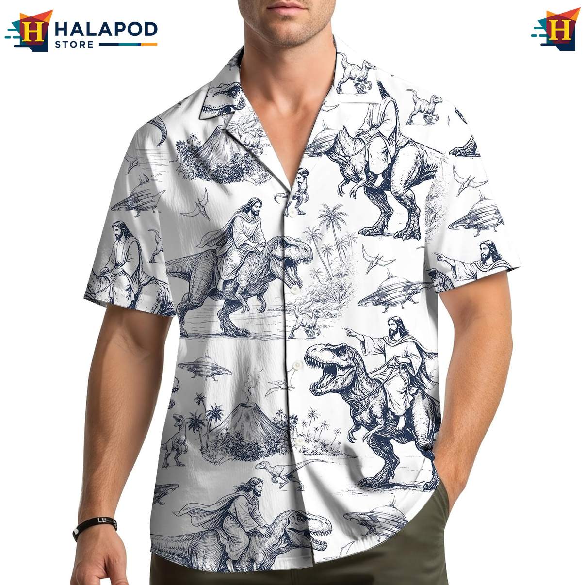 Playful T Rex Aloha Shirt, Cartoon Dinosaur Print Beach Shirt For Men