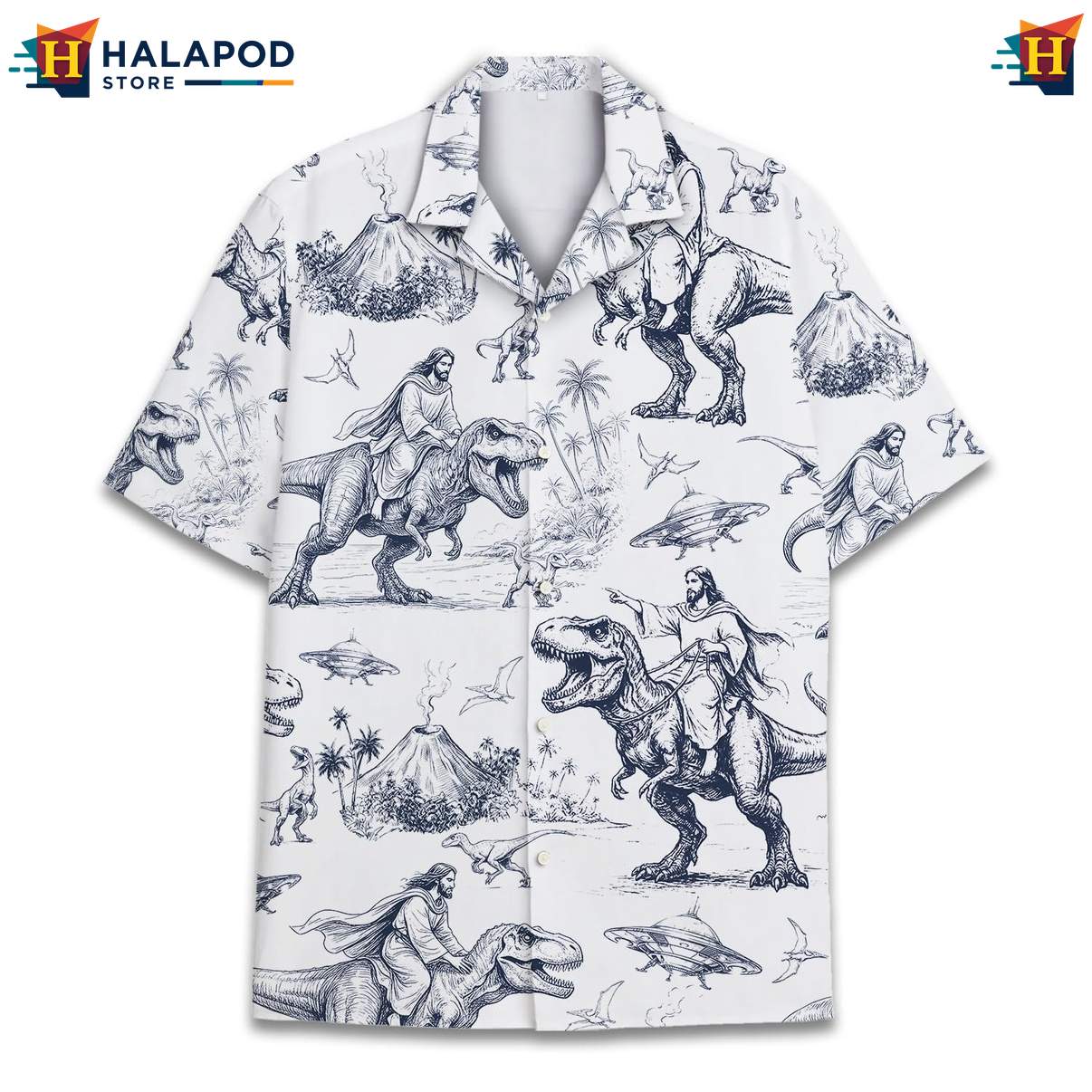 Playful T Rex Aloha TShirt, Cartoon Dinosaur Print Beach Shirt For Men