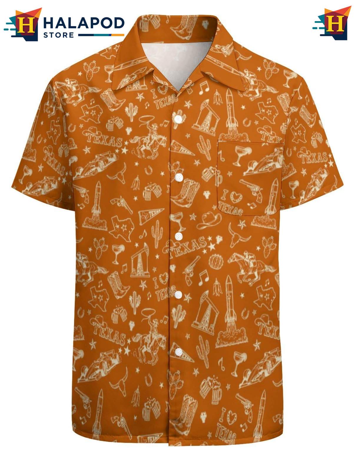 Playful Texas Aloha Shirt, Orange Tropical Shirt With Texas Icons And Humor