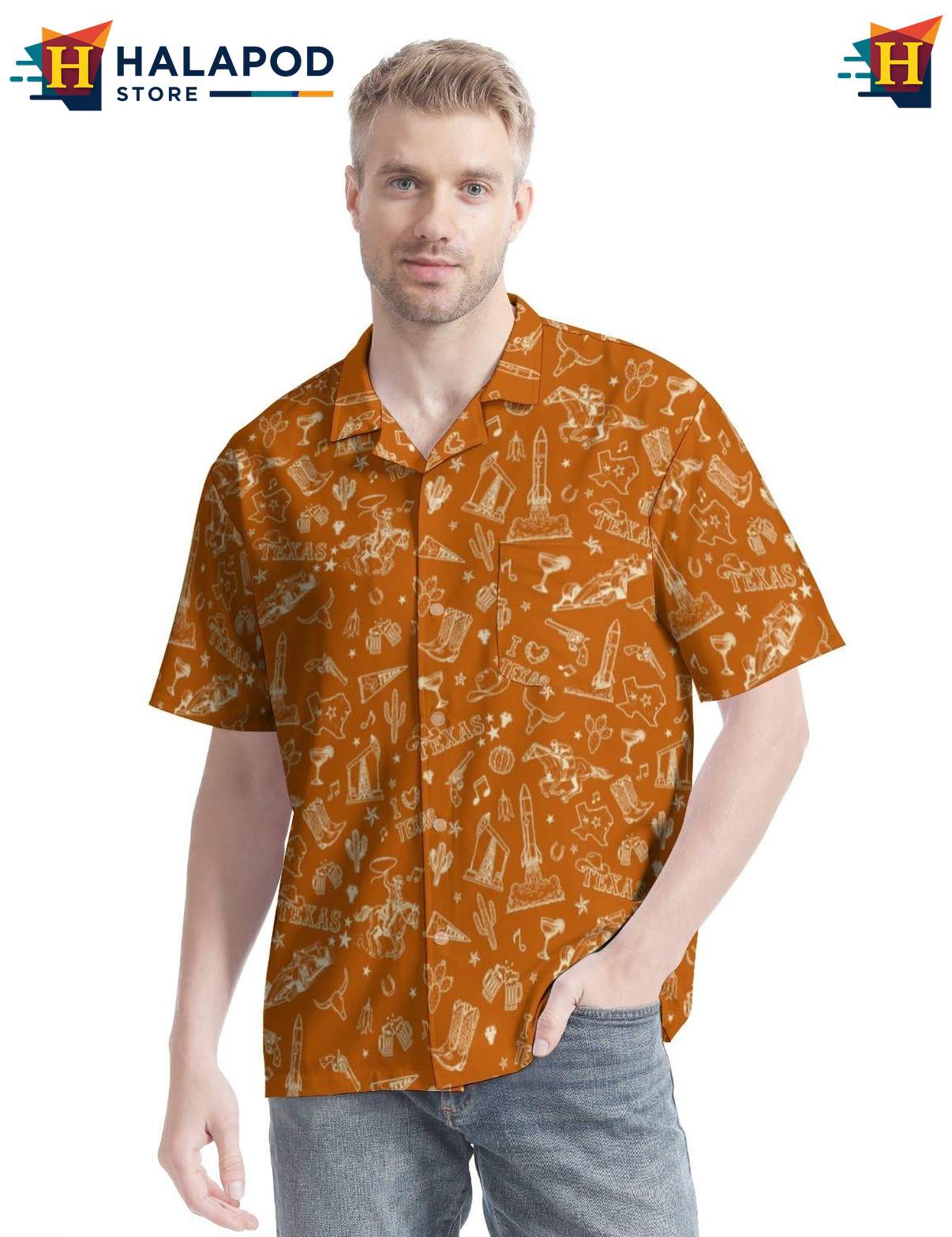 Playful Texas Aloha Tee Shirt, Orange Tropical Shirt With Texas Icons And Humor