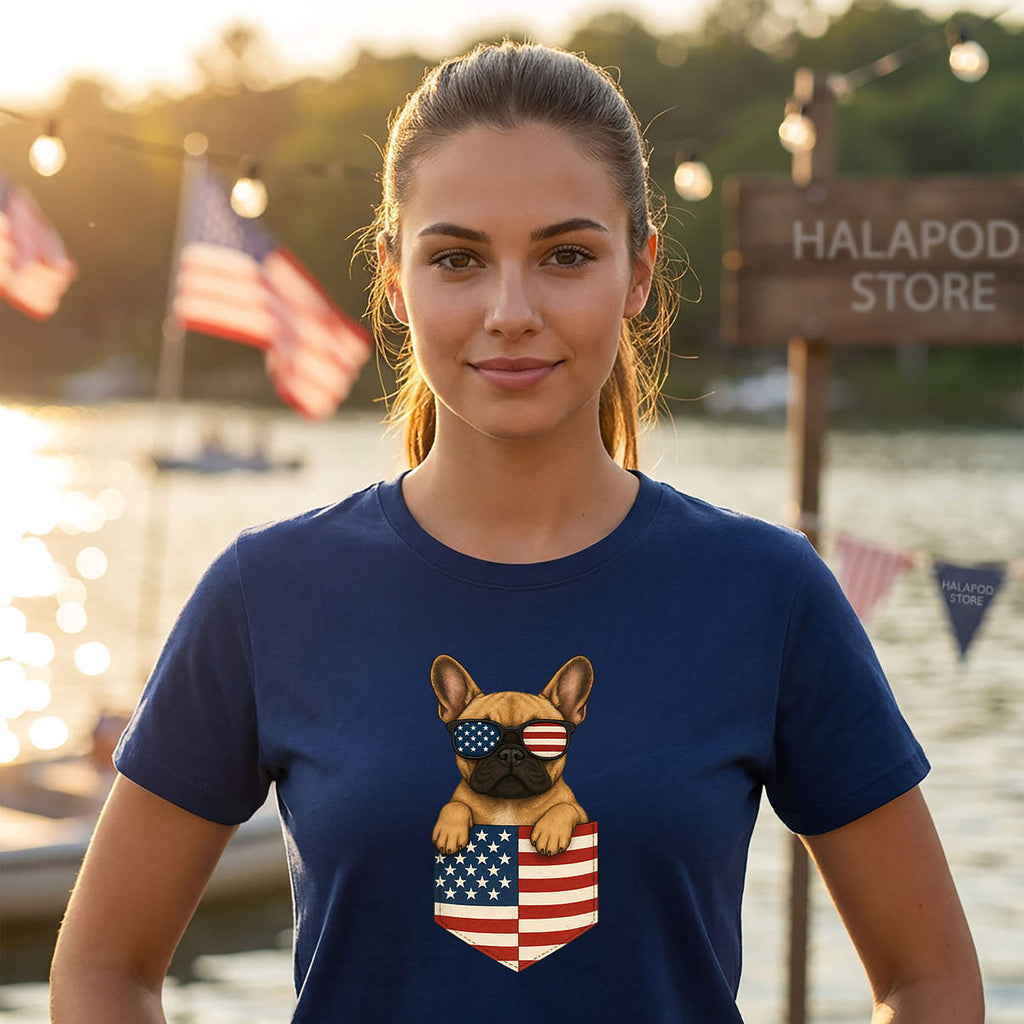 Pocket American Frenchie Shirt French Bulldog 4th Of July Patriotic Graphic