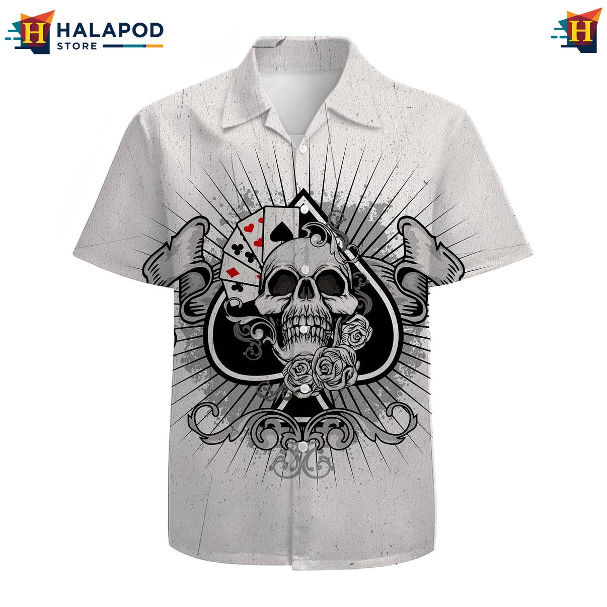 Poker Hearts Skull Hawaiian Shirt Mens Short Sleeve Floral Button Down