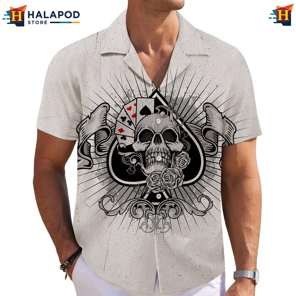 Poker Hearts Skull Short-sleeve button-up shirt Mens Short Sleeve Floral Button Down