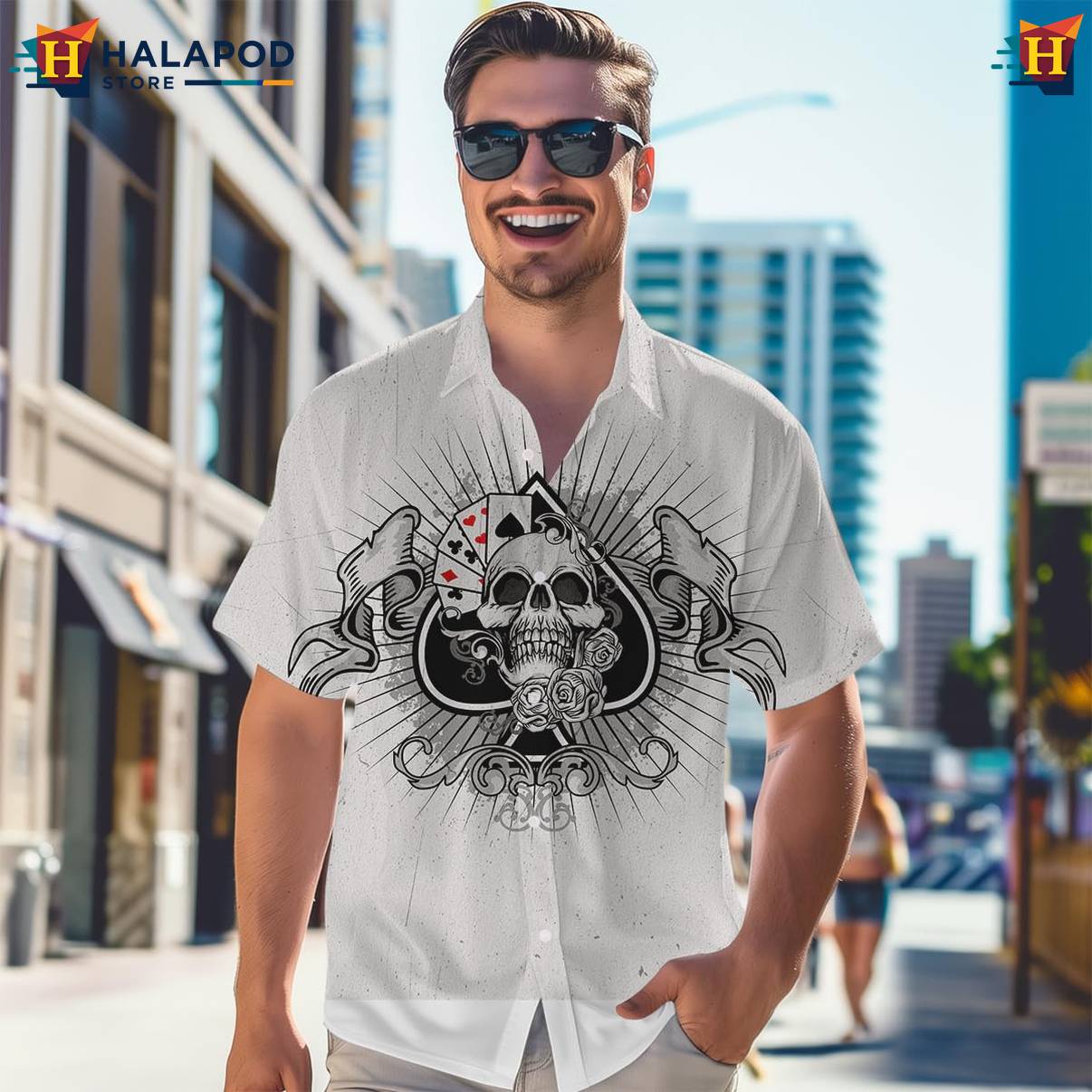 Poker Hearts Skull Tropical Shirt Mens Short Sleeve Floral Button Down