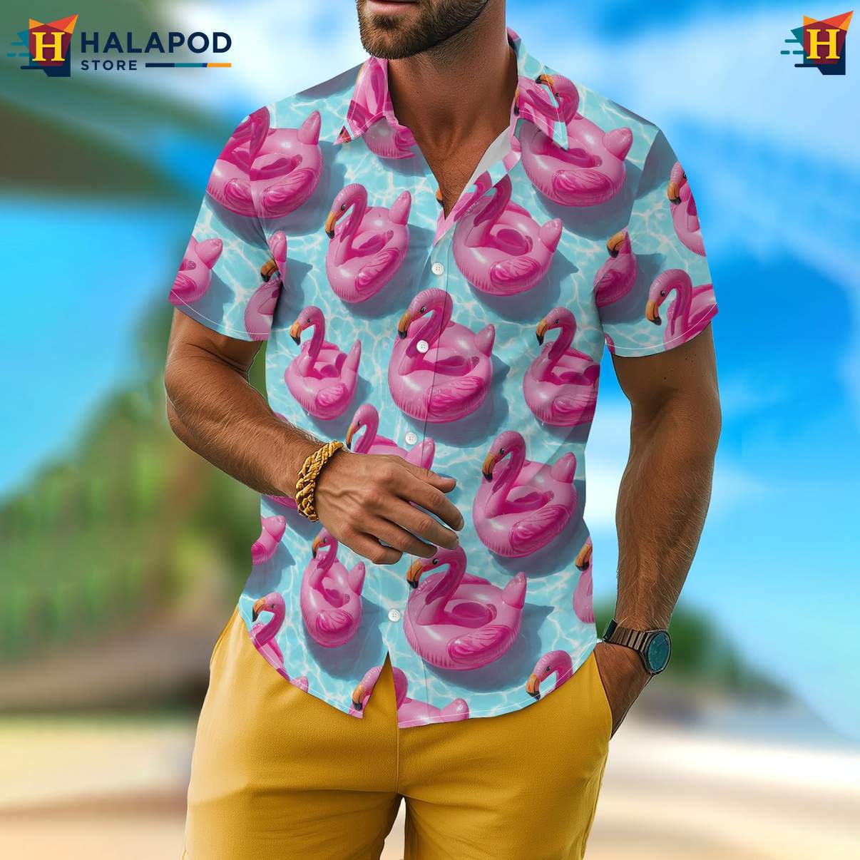 Pool Flamingo Mens Funny Aloha Shirt Retro Graphic Aloha Summer Apparel