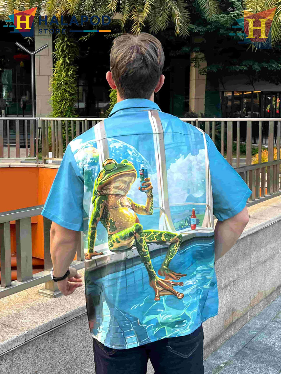 Pool Frog Hawaiian Shirt Funny Bold Graphic Tropical Casual Beach Mens Shirt