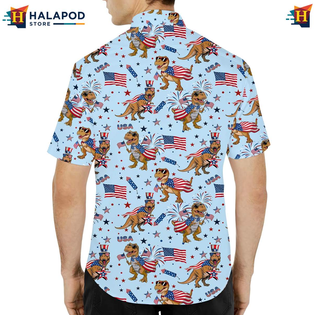 Proud T Rex Short-sleeve button-up shirt, Usa Flag Design For 4th Of July Celebrations