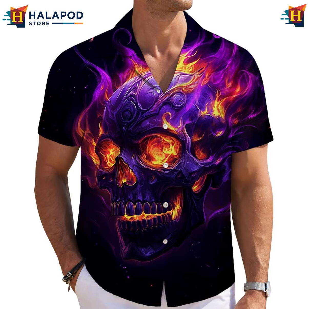 Purple Fire Skull Short-sleeve button-up shirt Mens Short Sleeve Floral Button Down Mens