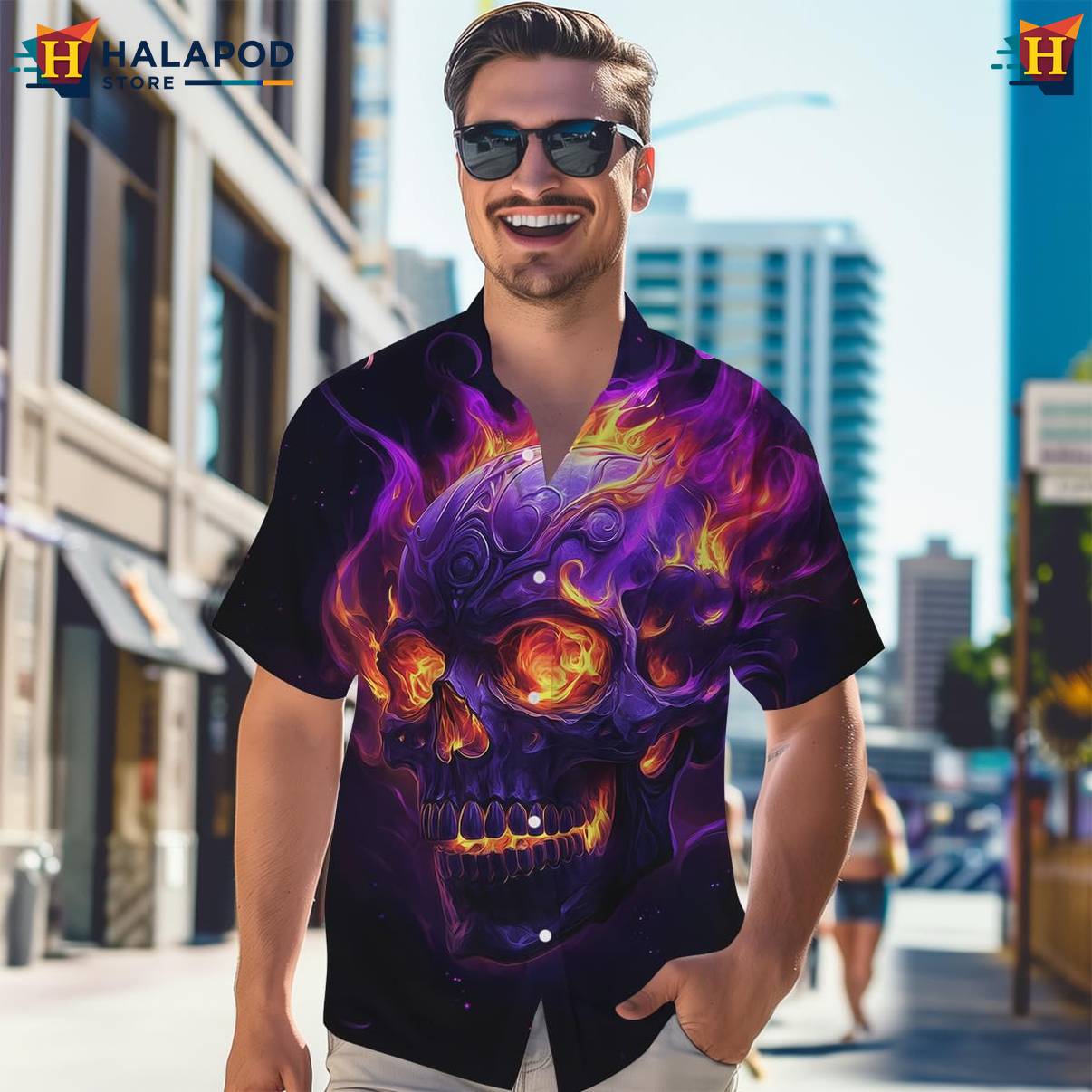 Purple Fire Skull Tropical Shirt Mens Short Sleeve Floral Button Down Mens