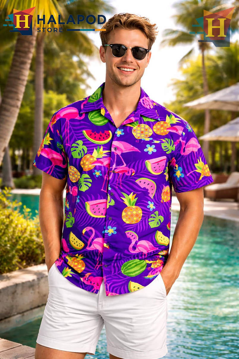 Purple Flamingo Melon Hawaiian Shirt Tropical Summer Beach Casual Mens Shirt